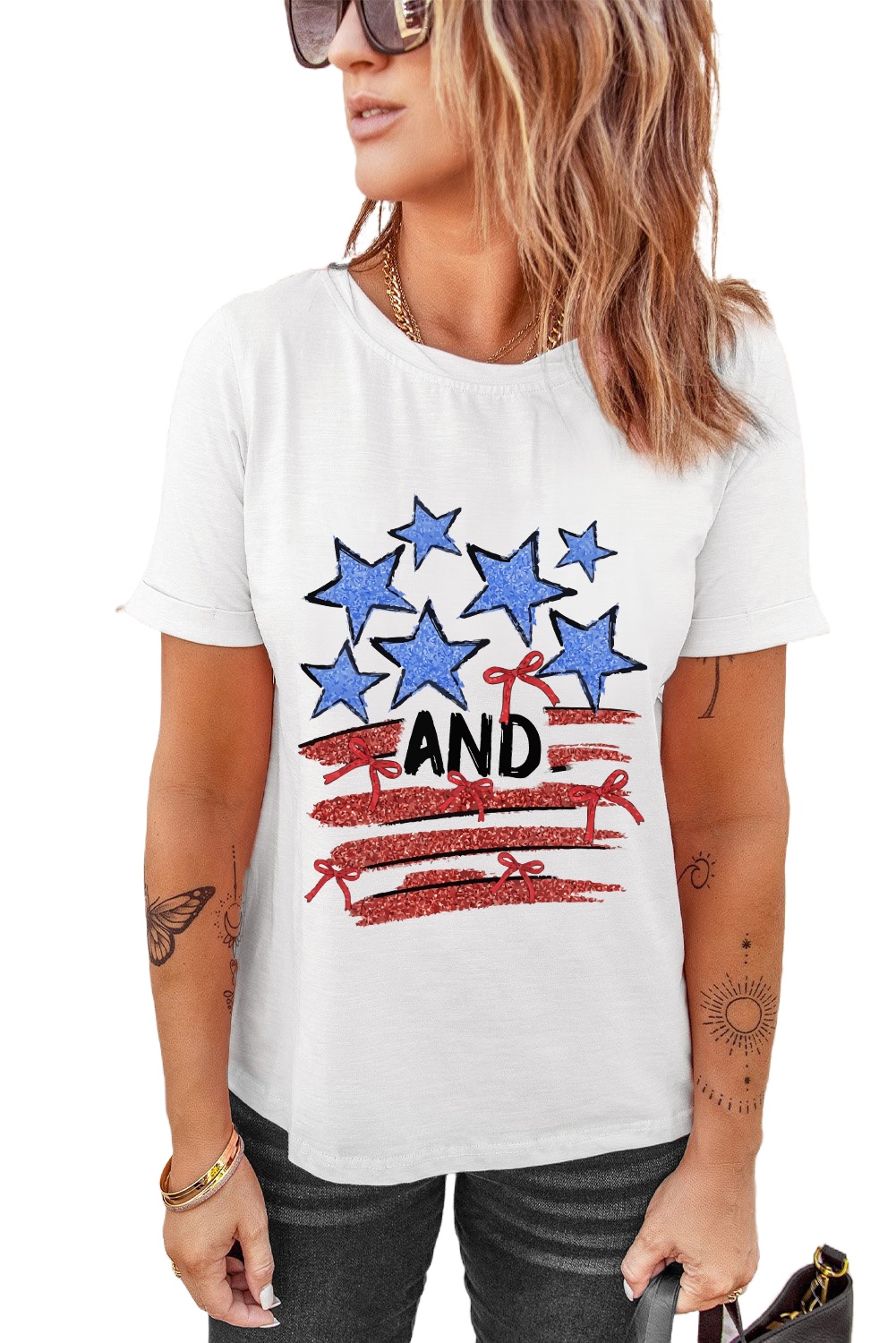 Women's White Stars and Stripes Bow Graphic T-Shirt - Patriotic Summer Tee - Main View Women's White Stars and Stripes Bow Graphic T-Shirt - Patriotic Summer Tee - Main View