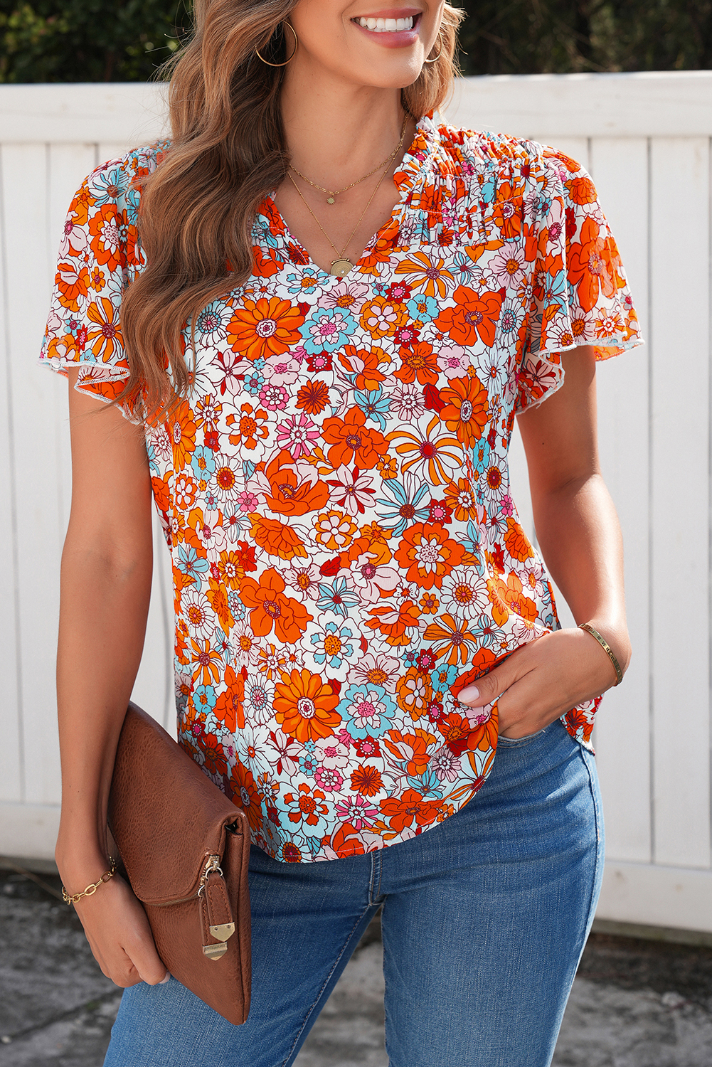 Casual Floral V-Neck Blouse – Women's Summer Pleated Top - Detail View 5 Casual Floral V-Neck Blouse – Women's Summer Pleated Top - Detail View 5