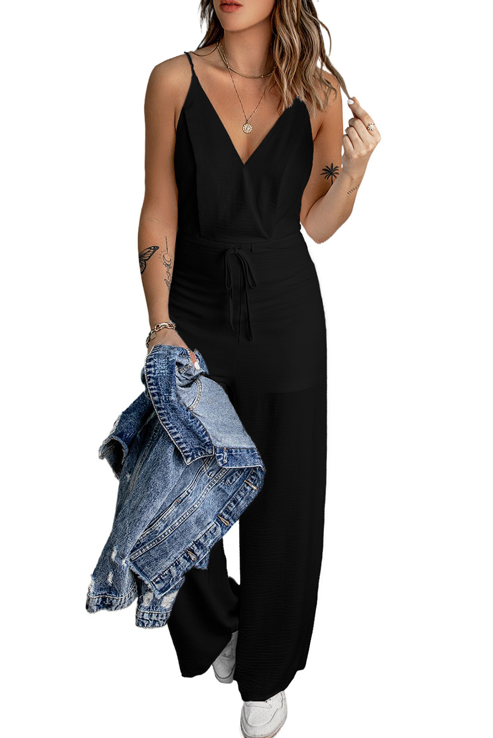 Sleeveless Wide Leg Jumpsuit for Women – Chic Spaghetti Strap Summer Outfit with Zipper Back - Detail View 15 Sleeveless Wide Leg Jumpsuit for Women – Chic Spaghetti Strap Summer Outfit with Zipper Back - Detail View 15