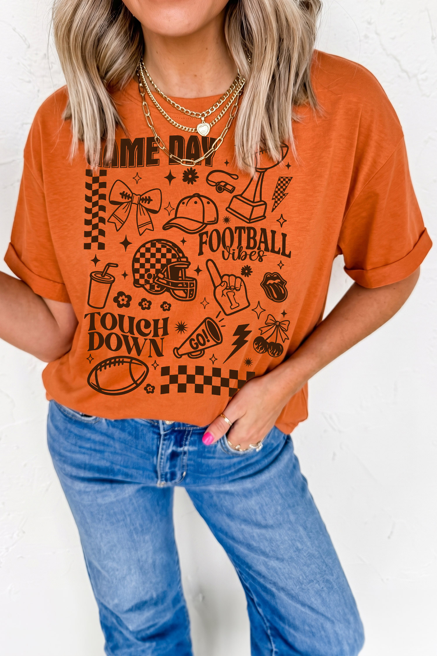 Graphic Football Game Day Shirt, Relaxed Orange Summer Tee - Detail View 2 Graphic Football Game Day Shirt, Relaxed Orange Summer Tee - Detail View 2