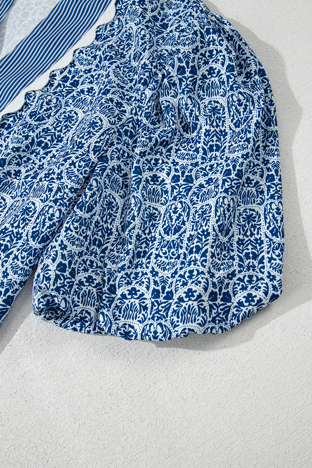 Charming Women's Puff Sleeve Top - Blue Floral and Striped Print with Ric-Rac Detail - Detail View 11 Charming Women's Puff Sleeve Top - Blue Floral and Striped Print with Ric-Rac Detail - Detail View 11