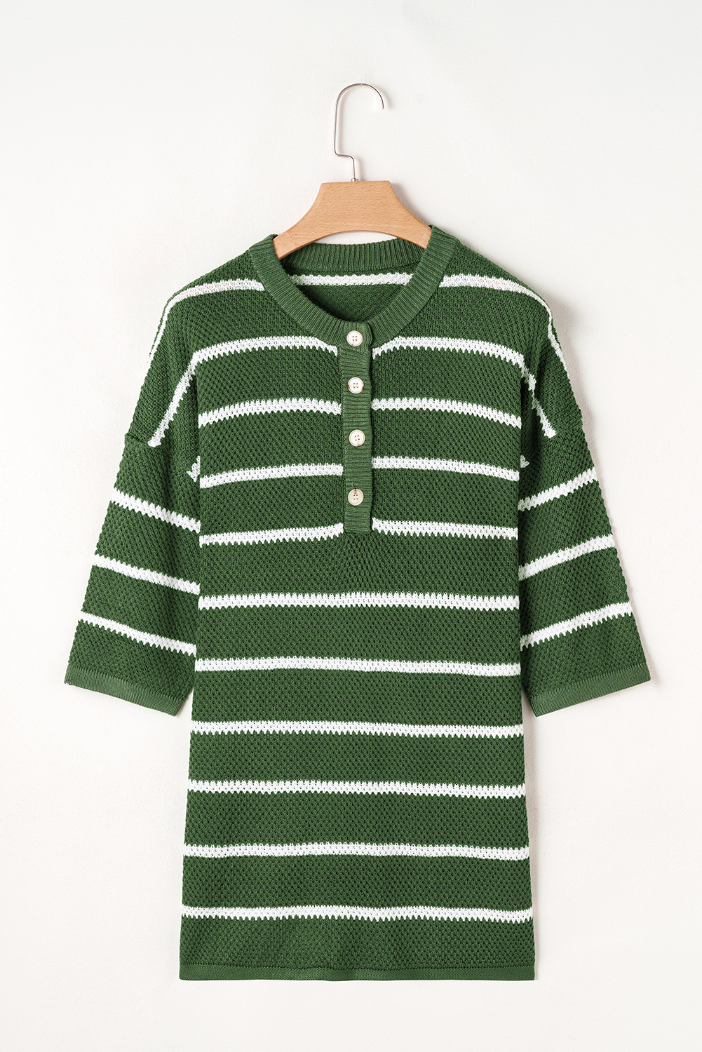 Chic Casual Green Striped Sweater Tee - Three Quarter Sleeve & Side Slits - Detail View 6 Chic Casual Green Striped Sweater Tee - Three Quarter Sleeve & Side Slits - Detail View 6
