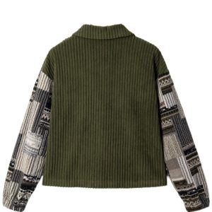 Women's Jungle Green Plaid Patchwork Button-Up Jacket – Ribbed Fleece Corduroy for Daily Casual Wear - Main View