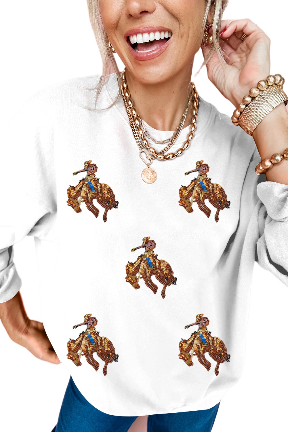 Casual Western Graphic Sweatshirt with Sequin Detailing - White - Detail View 2 Casual Western Graphic Sweatshirt with Sequin Detailing - White - Detail View 2
