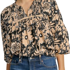 Women's Black Floral Shirred Yoke Boho Blouse with Bracelet Sleeves - Main View