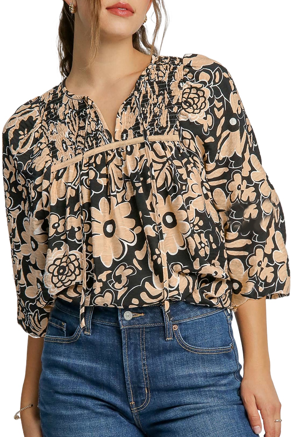 Women's Black Floral Shirred Yoke Boho Blouse with Bracelet Sleeves - Main View Women's Black Floral Shirred Yoke Boho Blouse with Bracelet Sleeves - Main View
