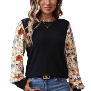 Chic Apricot Flower Puff Sleeve Patchwork Top – Casual Style for Office & Daily Wear - Main View