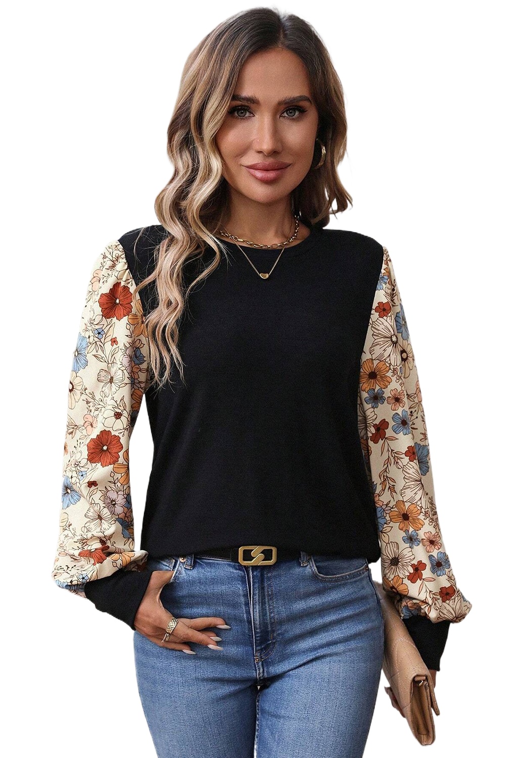 Chic Apricot Flower Puff Sleeve Patchwork Top – Casual Style for Office & Daily Wear - Main View Chic Apricot Flower Puff Sleeve Patchwork Top – Casual Style for Office & Daily Wear - Main View