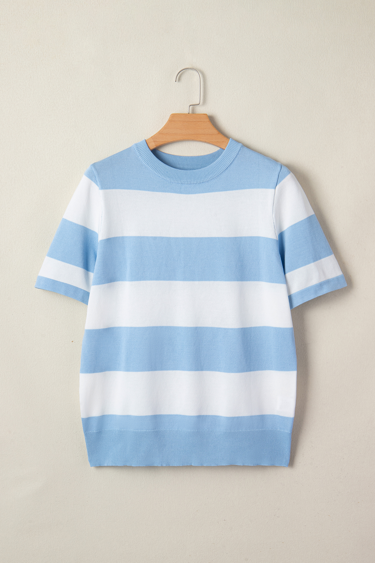 Women's Elegant Sky Blue Colorblock Striped Tee – Perfect for Daily Summer Wear - Detail View 5 Women's Elegant Sky Blue Colorblock Striped Tee – Perfect for Daily Summer Wear - Detail View 5
