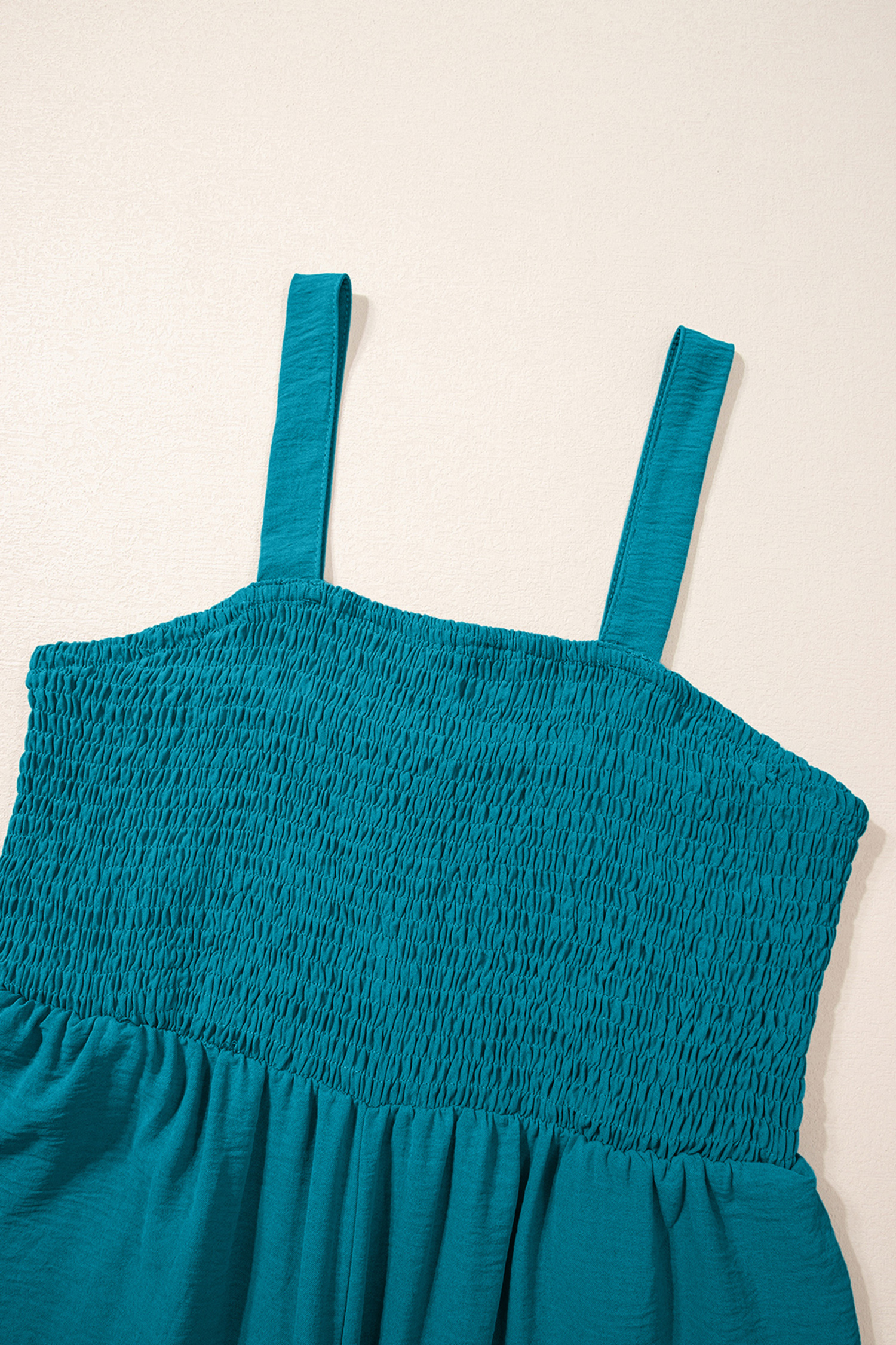 Women's Square Neck Smocked Jumpsuit – Sleeveless High Waist Solid Blue One-Piece, Stylish Fashion Gift for Her - Detail View 9 Women's Square Neck Smocked Jumpsuit – Sleeveless High Waist Solid Blue One-Piece, Stylish Fashion Gift for Her - Detail View 9