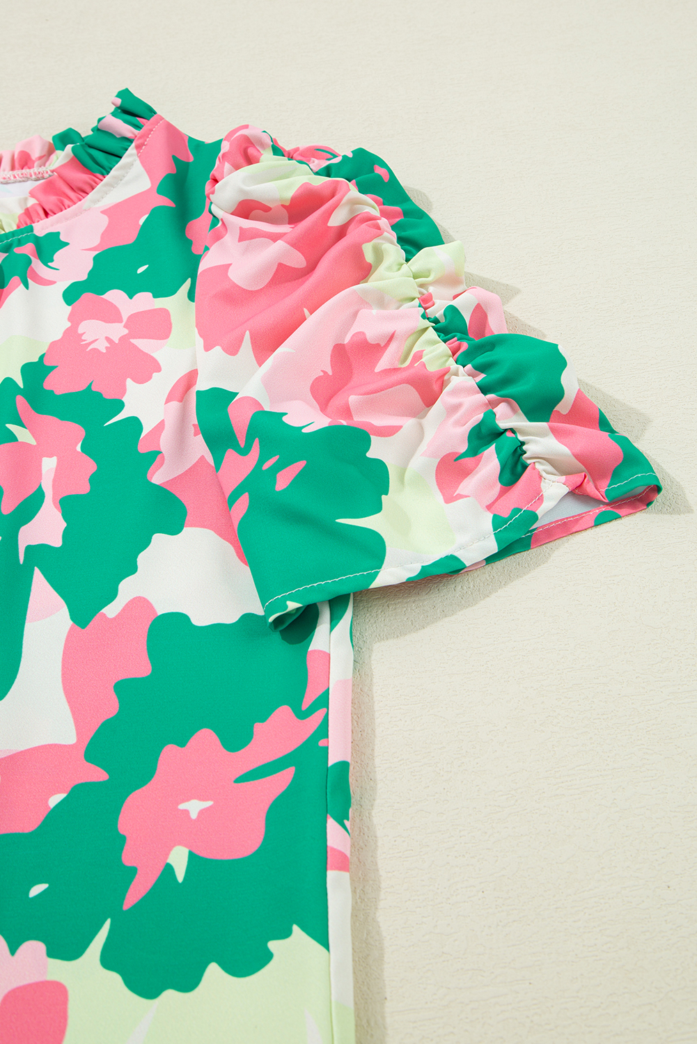Elegant Women's Green Abstract Print Frilly Neck Ruched Short Sleeve Blouse - Detail View 9 Elegant Women's Green Abstract Print Frilly Neck Ruched Short Sleeve Blouse - Detail View 9