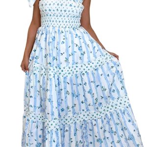 Women's Sky Blue Floral Smocked Tied Straps A-Line Tiered Maxi Dress for Weddings and Holidays - Main View