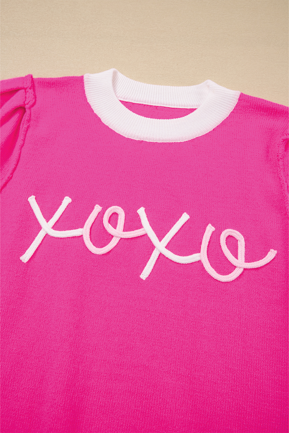 Casual Bright Pink Embroidered XOXO Short Sleeve Tee for Women - Detail View 6 Casual Bright Pink Embroidered XOXO Short Sleeve Tee for Women - Detail View 6