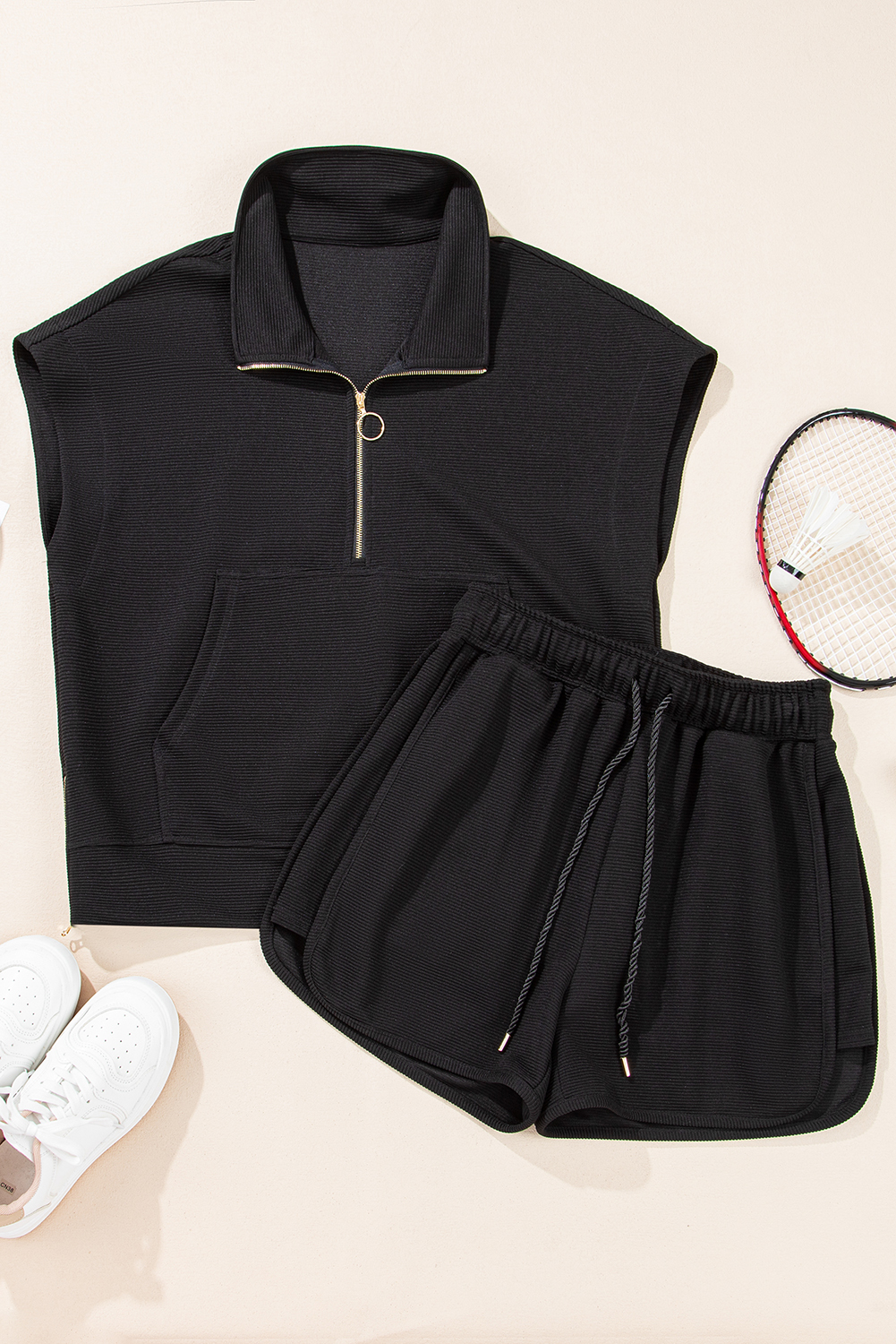 Women's Two-Piece Set, Black Outfit, Textured Fabric, Quarter Zip Top, Kangaroo Pocket, High Waist Shorts, Drawstring Detail, Casual Style, Comfortable Summer Wear, Daily Fashion, Shift Silhouette, Chic Look, Easy to Wear - Detail View 4 Women's Two-Piece Set, Black Outfit, Textured Fabric, Quarter Zip Top, Kangaroo Pocket, High Waist Shorts, Drawstring Detail, Casual Style, Comfortable Summer Wear, Daily Fashion, Shift Silhouette, Chic Look, Easy to Wear - Detail View 4