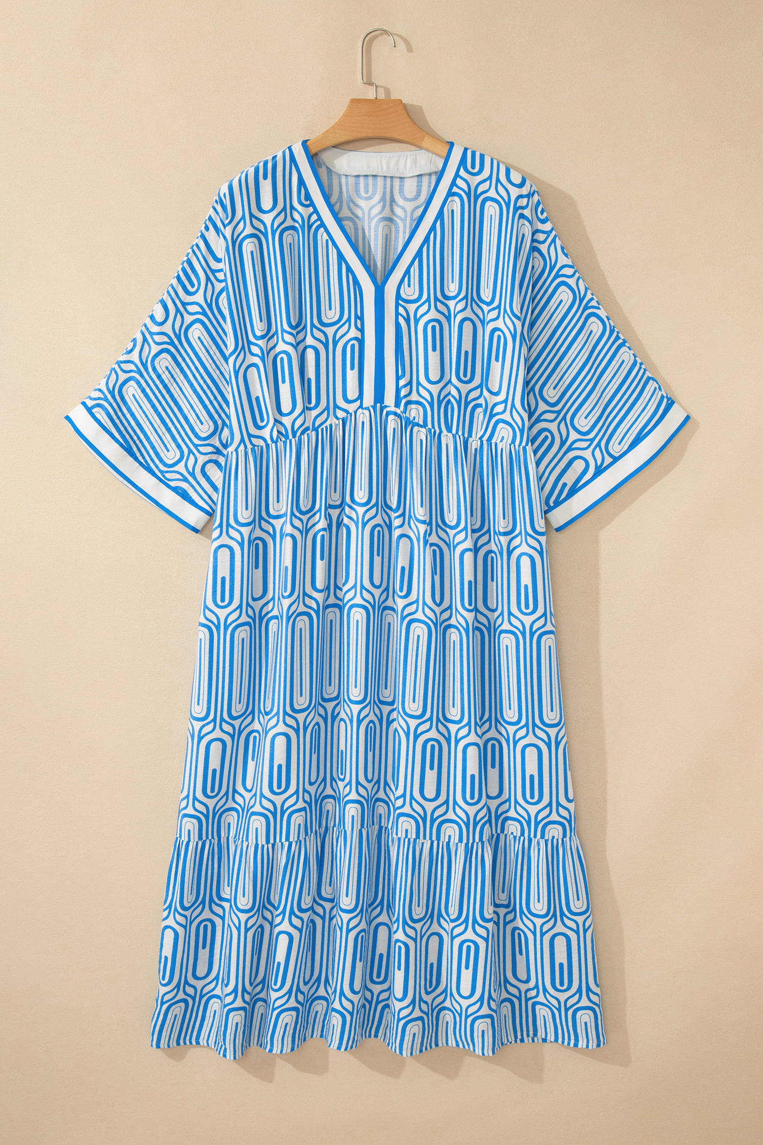 Sky Blue Plus Size Long Dress for Women – Geometric V Neck Bracelet Sleeve Casual Summer Outfit - Detail View 5 Sky Blue Plus Size Long Dress for Women – Geometric V Neck Bracelet Sleeve Casual Summer Outfit - Detail View 5