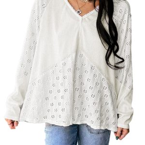 Women's White Twisted Rib Patchwork Embroidered V Neck Long Sleeve Top - Main View