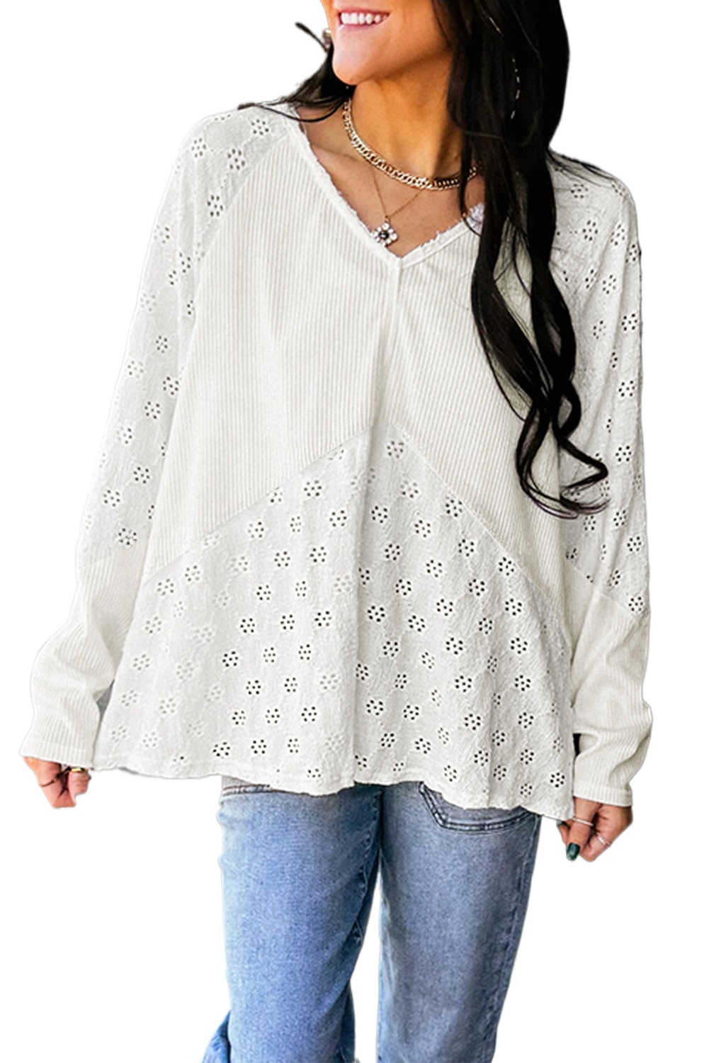 Women's White Twisted Rib Patchwork Embroidered V Neck Long Sleeve Top - Main View Women's White Twisted Rib Patchwork Embroidered V Neck Long Sleeve Top - Main View