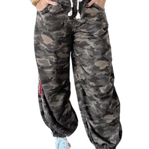 Women's Camouflage Drawstring Pants – High Waist Patchwork Joggers with Side Stripes - Main View