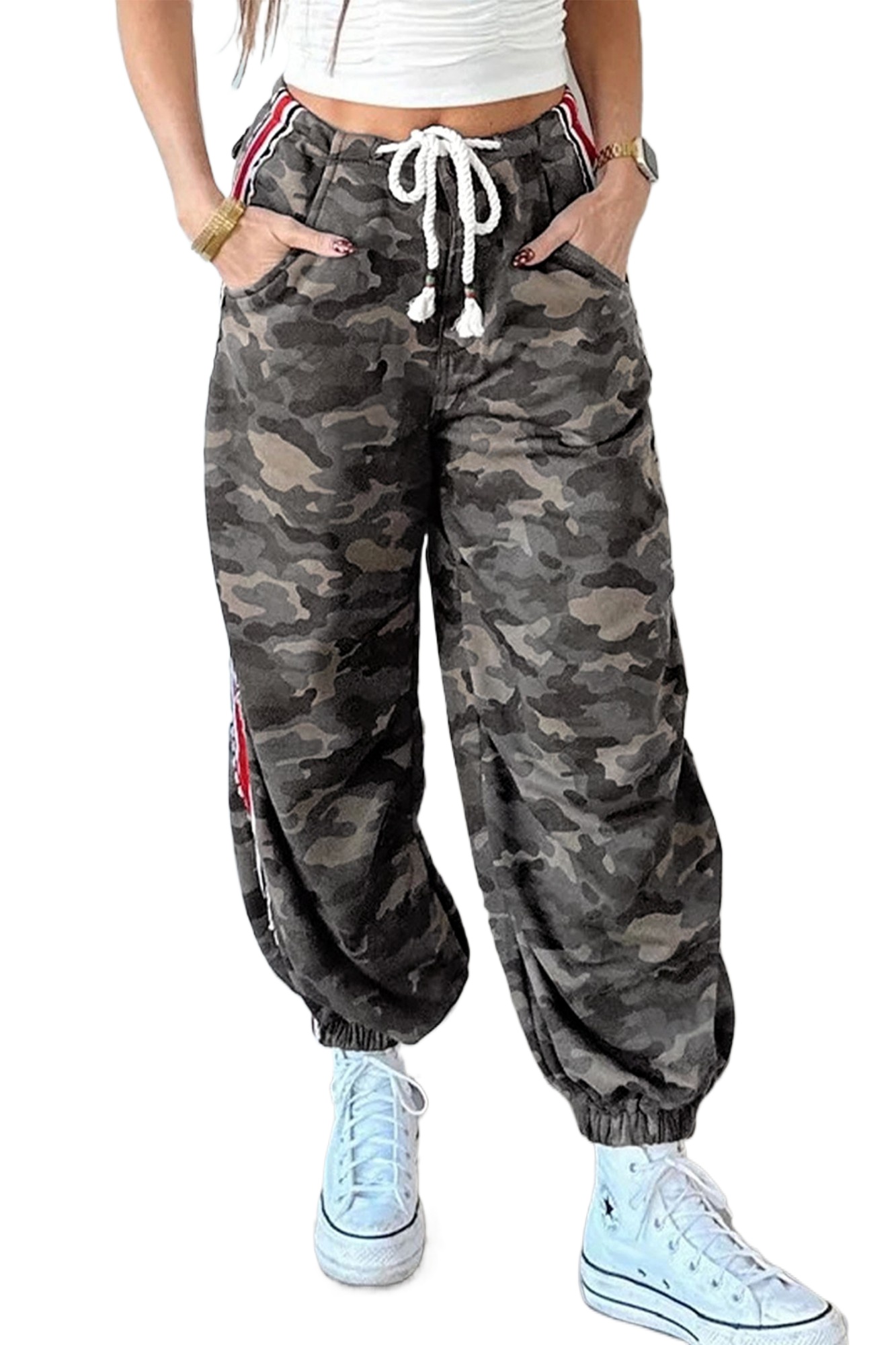 Women's Camouflage Drawstring Pants – High Waist Patchwork Joggers with Side Stripes - Main View Women's Camouflage Drawstring Pants – High Waist Patchwork Joggers with Side Stripes - Main View