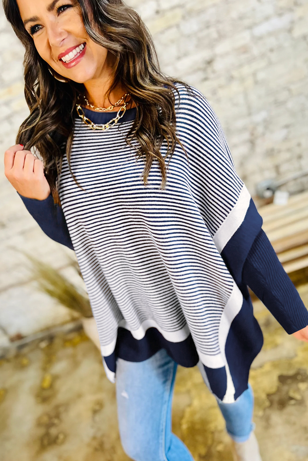 Women's Oversized Blue Stripe Color Block Dolman Tunic Sweater - Detail View 5 Women's Oversized Blue Stripe Color Block Dolman Tunic Sweater - Detail View 5