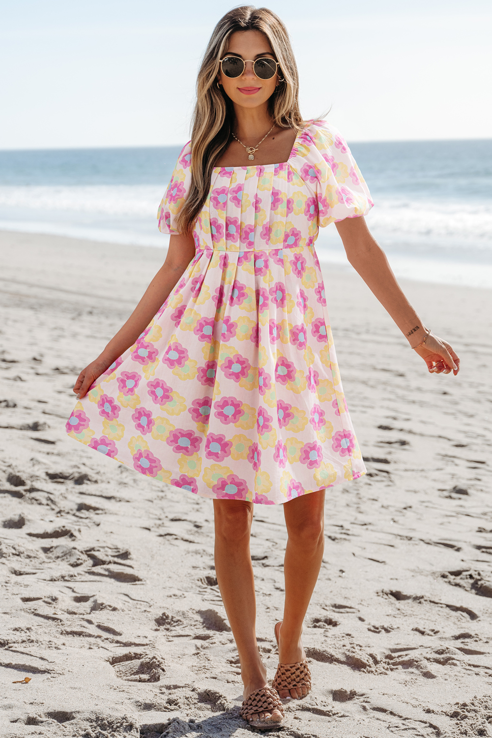 Women's Dress, Rose Floral, Square Neck, Puff Sleeve, Pleated Design, Flared Midi Dress, Summer Fashion, Elegant, High Waist, Outdoor Wear, Daily Wear, Vacation Outfit, Vintage Floral Print, Country Style - Detail View 12 Women's Dress, Rose Floral, Square Neck, Puff Sleeve, Pleated Design, Flared Midi Dress, Summer Fashion, Elegant, High Waist, Outdoor Wear, Daily Wear, Vacation Outfit, Vintage Floral Print, Country Style - Detail View 12
