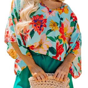 Plus Size Women's Sky Blue Floral Print V Neck Batwing Sleeve Blouse - Main View