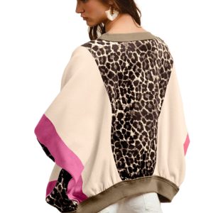 Women's Brown Leopard Print Color Block Top – Casual 3/4 Sleeve for Fall Outings - Main View