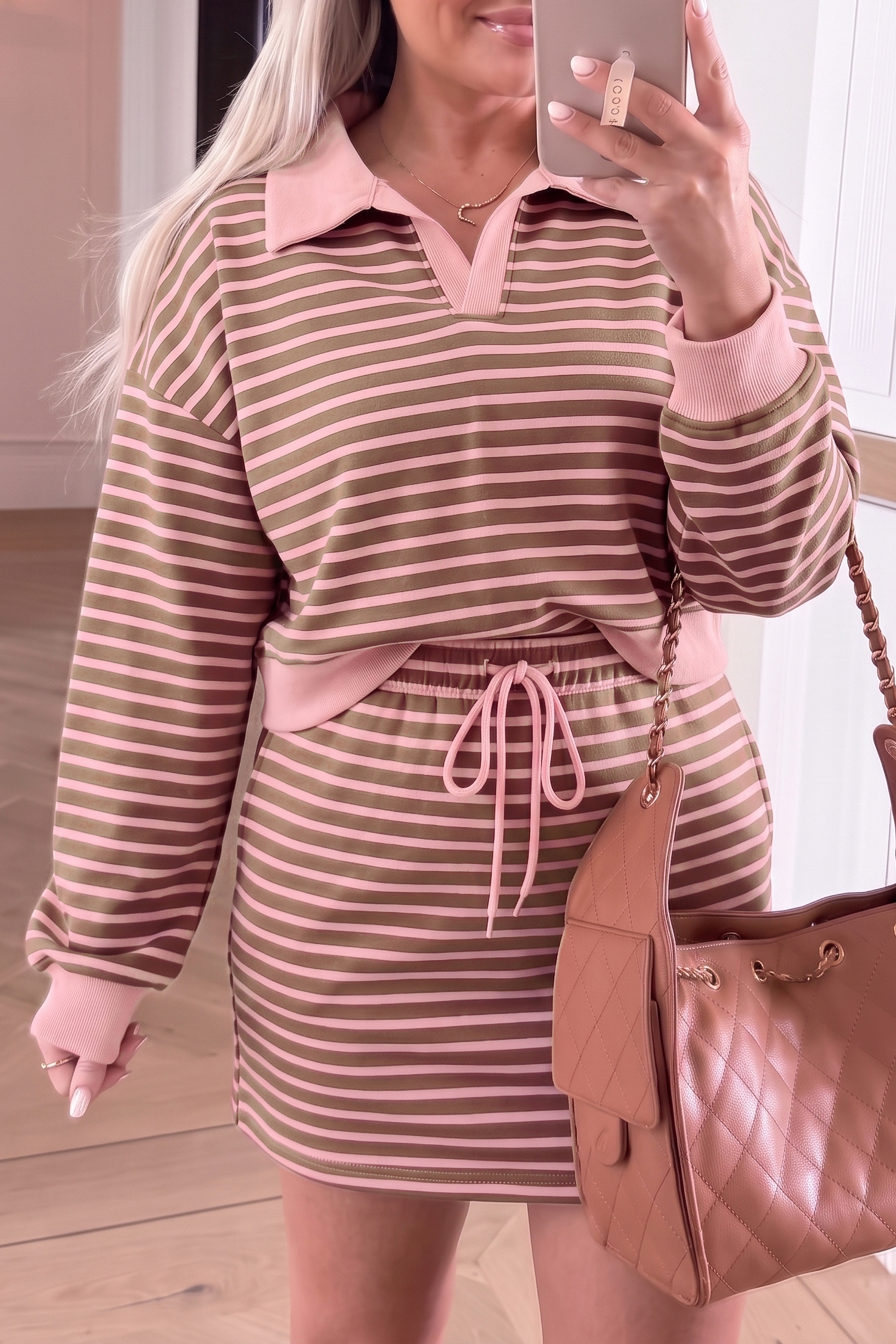 Brown Striped Skort Set, Trendy Turn Down Collar Outfit - Detail View 2 Brown Striped Skort Set, Trendy Turn Down Collar Outfit - Detail View 2