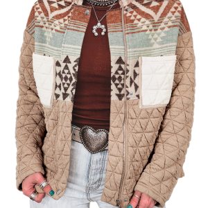 Light French Beige Aztec Quilted Patchwork Western Fashion Jacket for Women - Main View