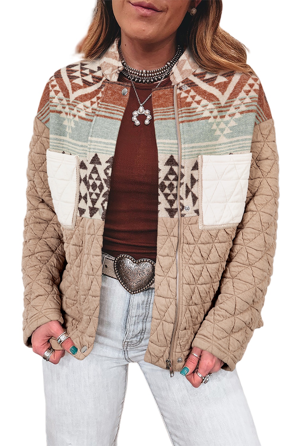 Light French Beige Aztec Quilted Patchwork Western Fashion Jacket for Women - Main View Light French Beige Aztec Quilted Patchwork Western Fashion Jacket for Women - Main View