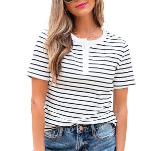 Women's White Stripe Textured Short Sleeve Buttoned Henley Top - Casual Summer Tee - Main View