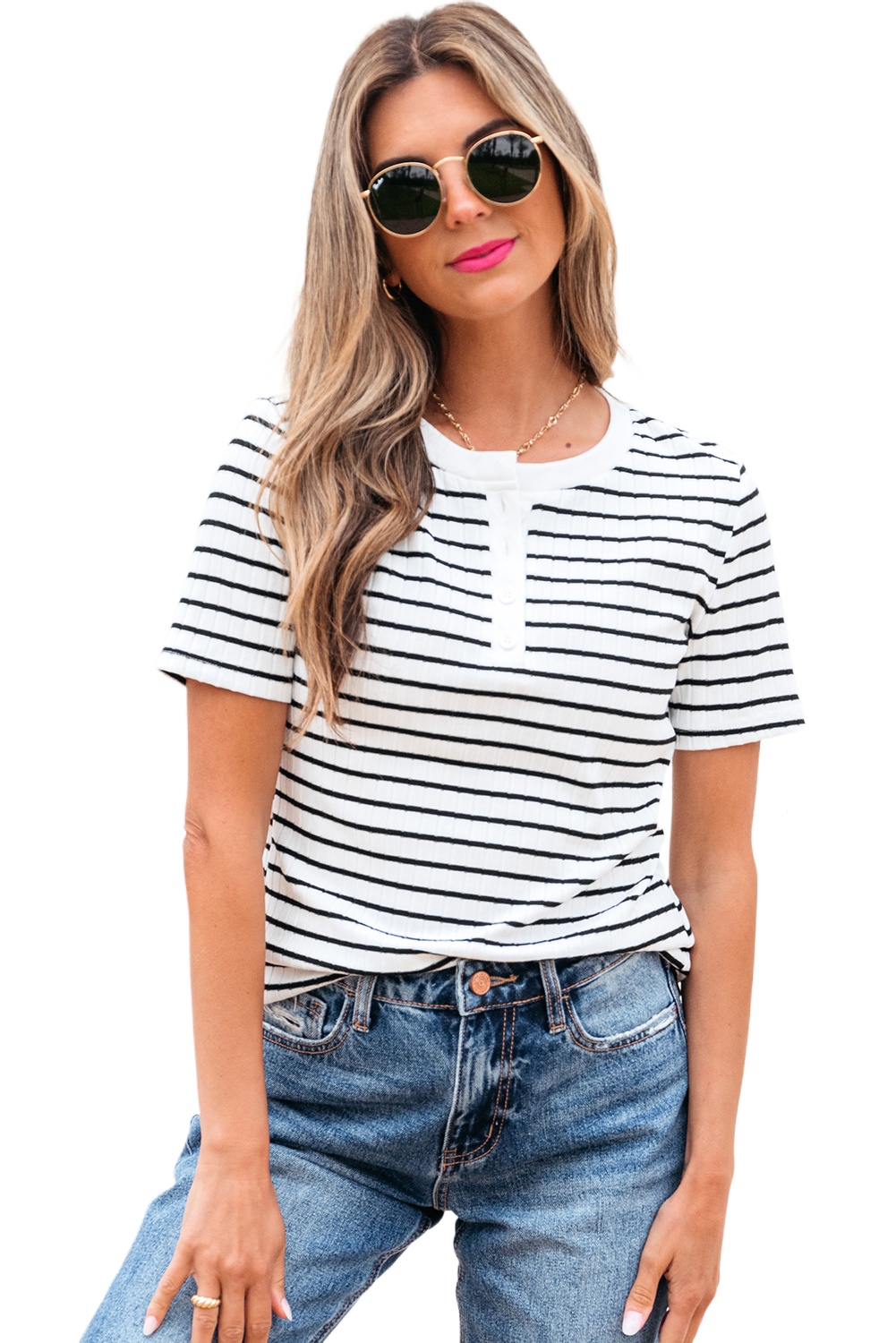 Women's White Stripe Textured Short Sleeve Buttoned Henley Top - Casual Summer Tee - Main View Women's White Stripe Textured Short Sleeve Buttoned Henley Top - Casual Summer Tee - Main View