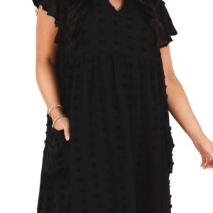 Plus Size Black Dotty Textured Ruffled Dress with Notched Neck - Main View