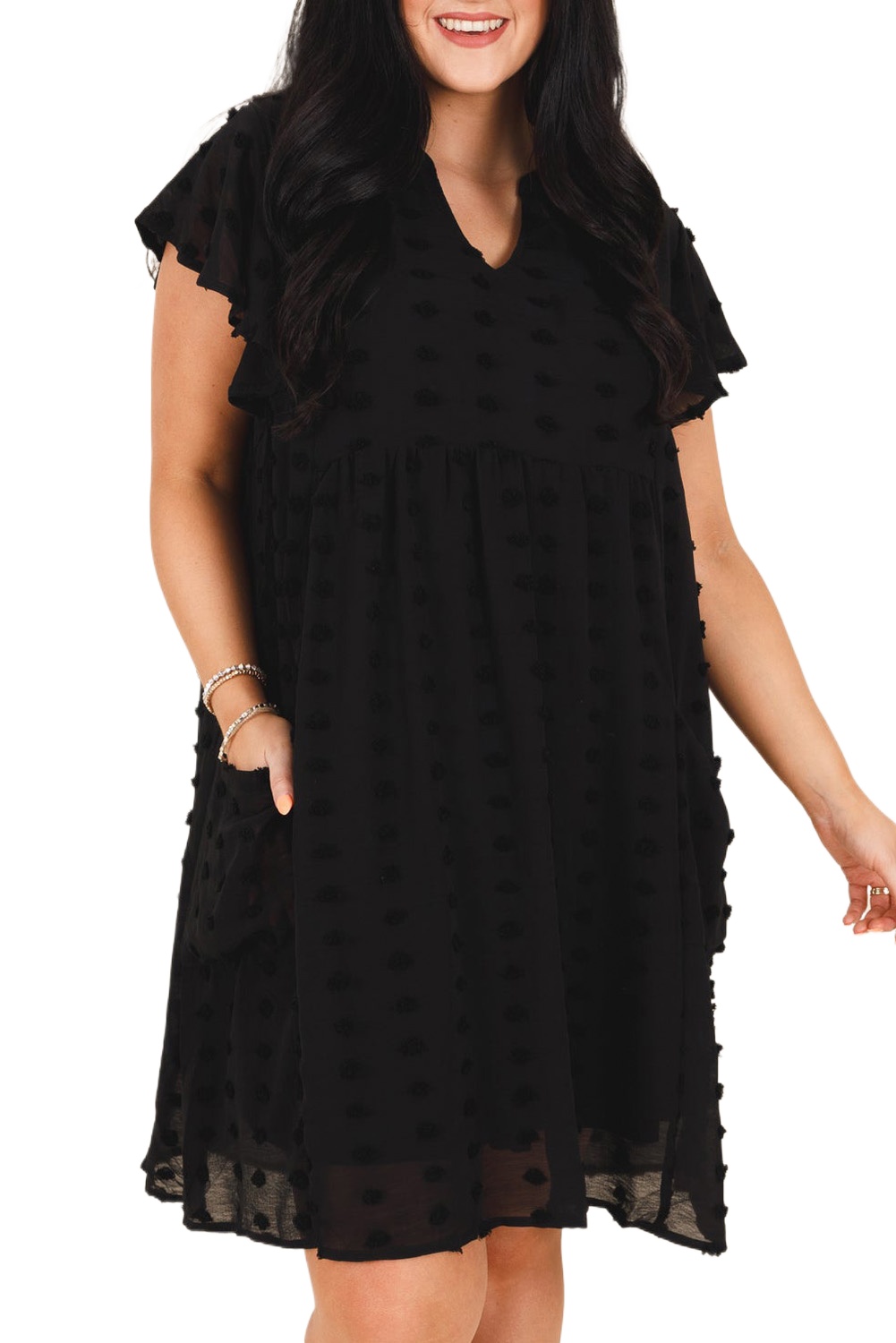 Plus Size Black Dotty Textured Ruffled Dress with Notched Neck - Main View Plus Size Black Dotty Textured Ruffled Dress with Notched Neck - Main View