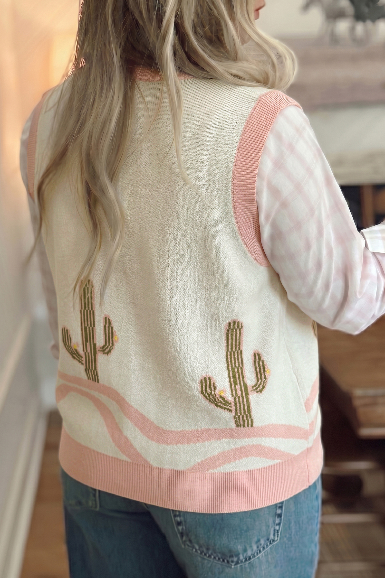 Women's Cactus Print Sweater Vest, Pink Button Front Layer - Detail View 13 Women's Cactus Print Sweater Vest, Pink Button Front Layer - Detail View 13