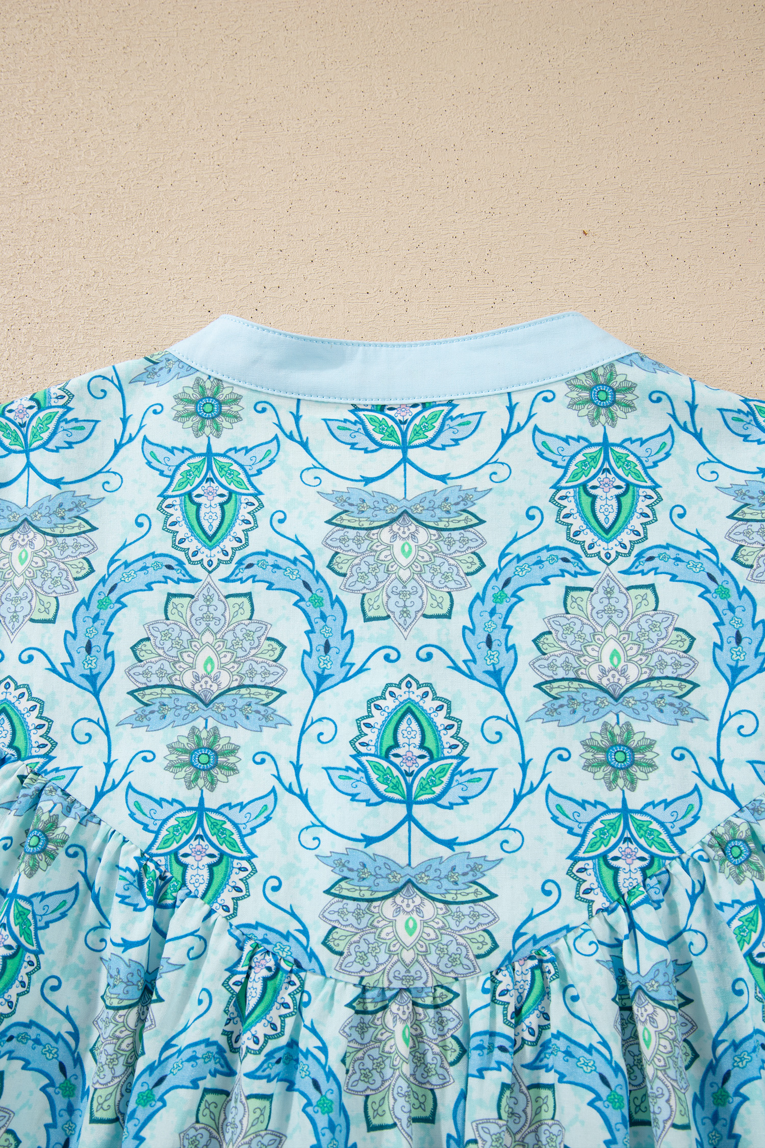Bohemian Women's Loose Shirt with Sky Blue Paisley Print – Ideal for Spring Vacations - Detail View 11 Bohemian Women's Loose Shirt with Sky Blue Paisley Print – Ideal for Spring Vacations - Detail View 11