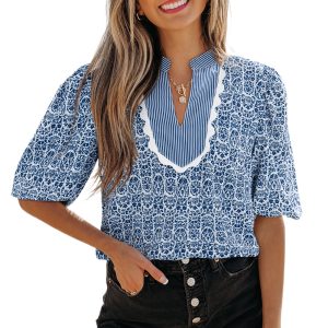 Women's Blue Floral Striped Print Top with Contrast Ric-Rac Puff Sleeves - Main View
