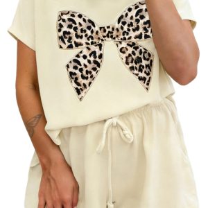 Women's White Leopard Bow V-Neck Tee & Drawstring Shorts Set – Casual Summer 2 Piece Outfit - Main View