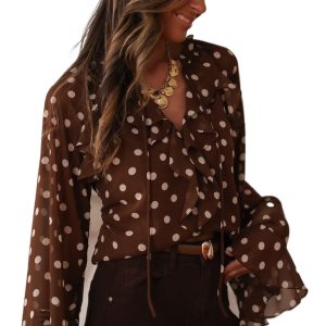 Women's Coffee Polka Dot Print Ruffle Trim Blouse – Elegant Long Sleeve V Neck Top for Office - Main View