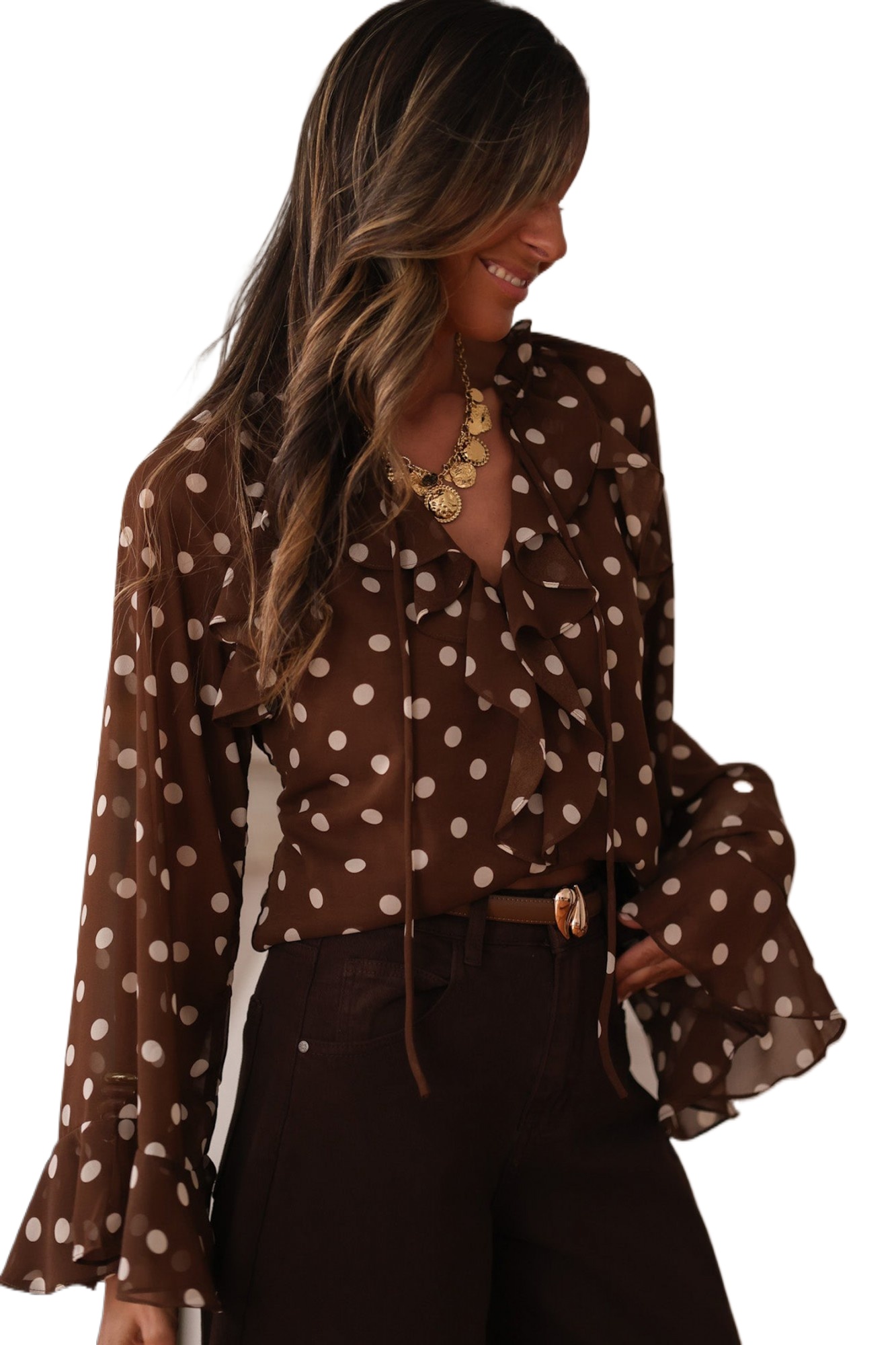 Women's Coffee Polka Dot Print Ruffle Trim Blouse – Elegant Long Sleeve V Neck Top for Office - Main View Women's Coffee Polka Dot Print Ruffle Trim Blouse – Elegant Long Sleeve V Neck Top for Office - Main View