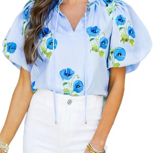 Women’s Sky Blue Floral Print Tie Split Neck Short Puff Sleeve Blouse - Casual Summer Top - Main View