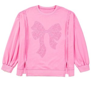 Plus Size Pink Big Bow Lace Embroidered Dolman Sleeve Sweatshirt for Women - Main View