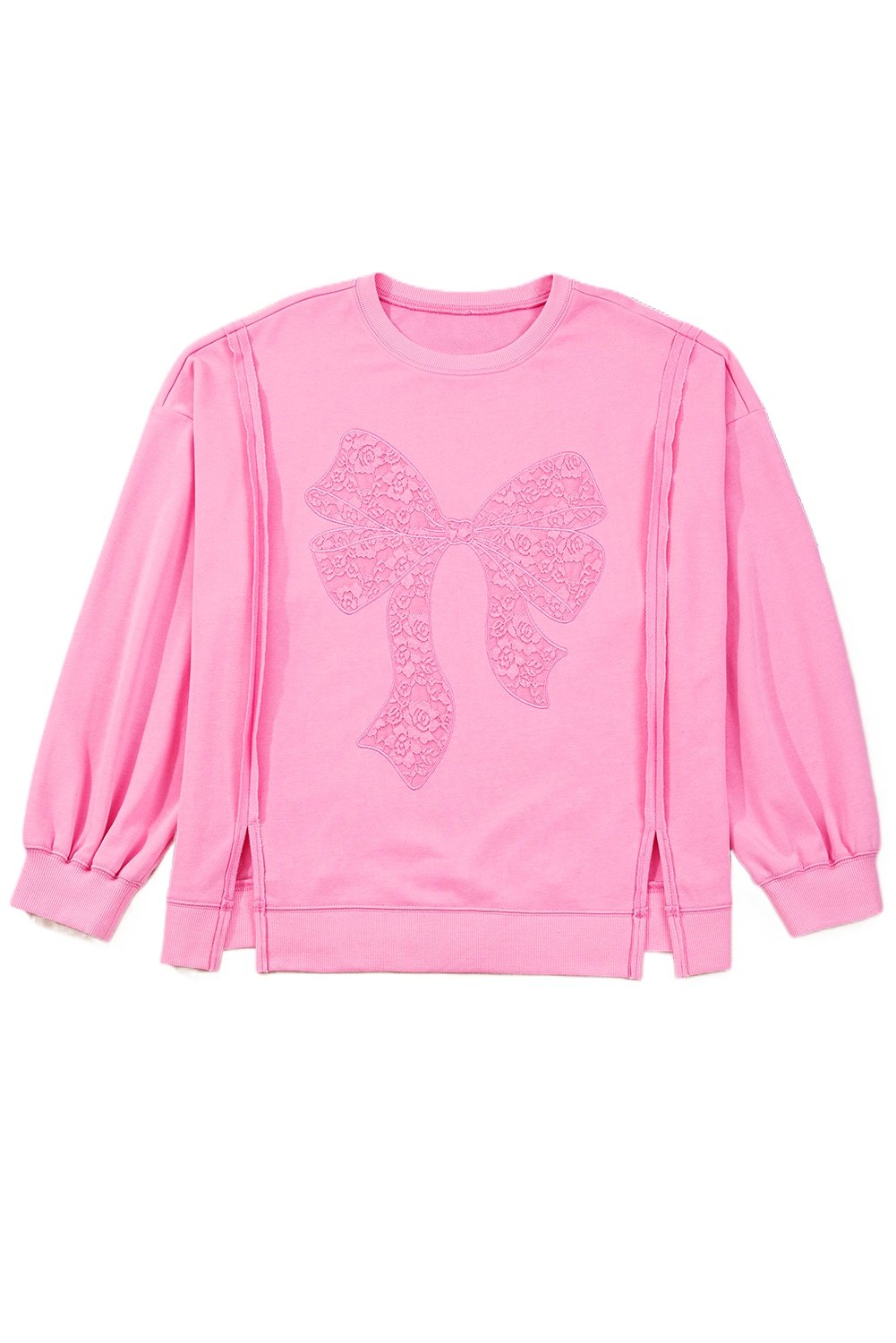 Plus Size Pink Big Bow Lace Embroidered Dolman Sleeve Sweatshirt for Women - Main View Plus Size Pink Big Bow Lace Embroidered Dolman Sleeve Sweatshirt for Women - Main View