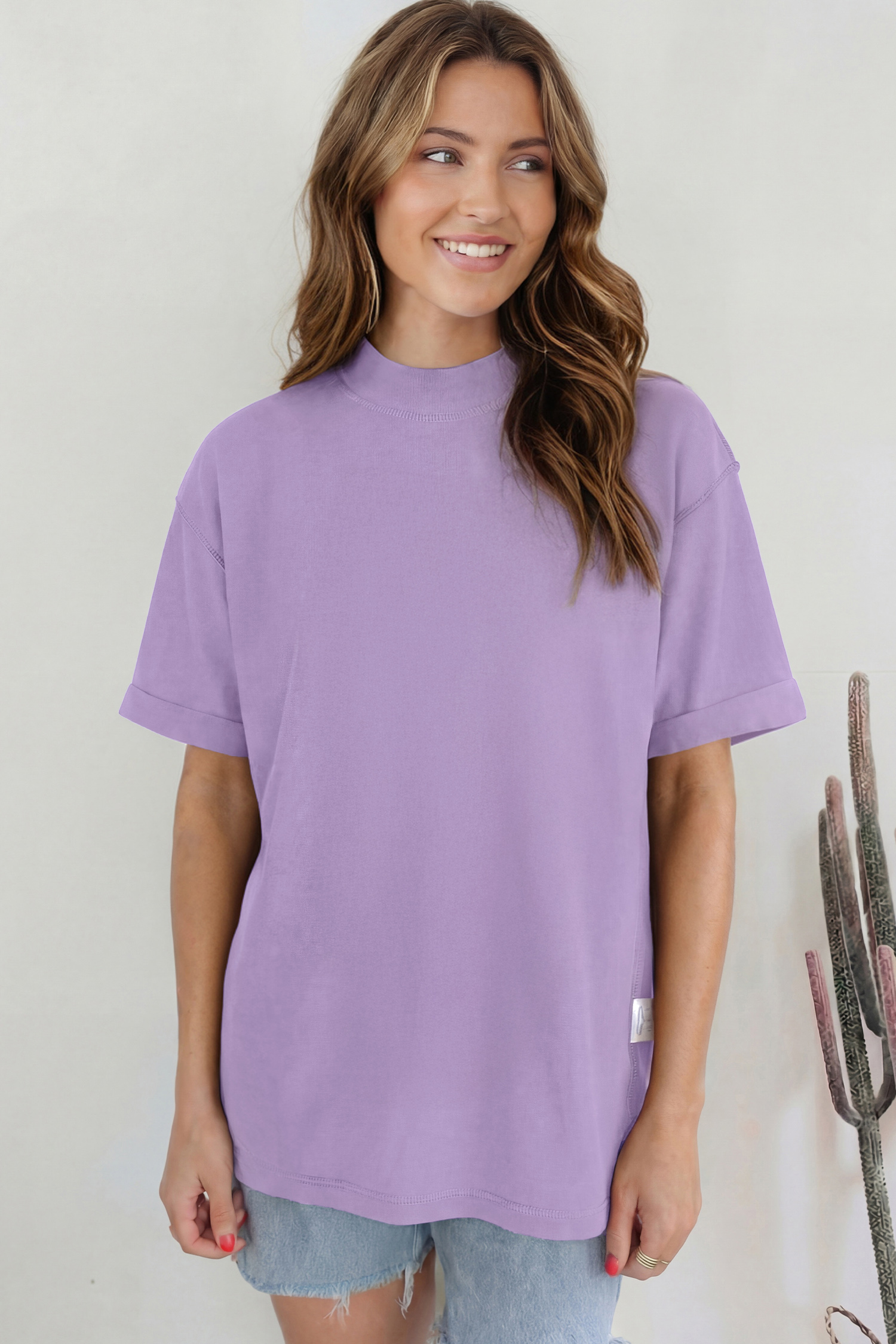 Women's Mock Neck Cotton Blend T-Shirt, Loose Fit Short Sleeve Summer Tee in Wisteria - Detail View 5 Women's Mock Neck Cotton Blend T-Shirt, Loose Fit Short Sleeve Summer Tee in Wisteria - Detail View 5