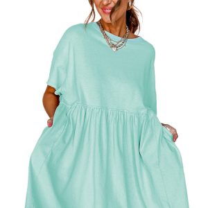 Women's Moonlight Jade Solid Color Pocketed Babydoll Dress with Raw Edge Detail - Main View
