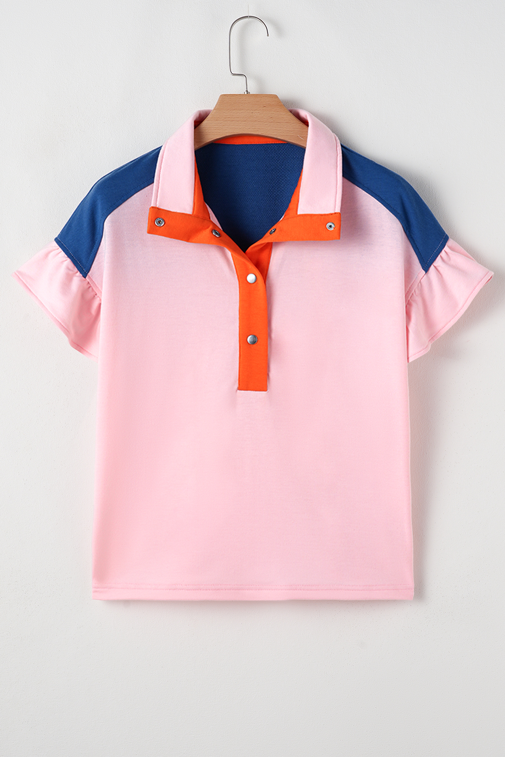 Women's Gossamer Pink Color Block Half Buttoned Ruffled Short Sleeve T-Shirt - Detail View 9 Women's Gossamer Pink Color Block Half Buttoned Ruffled Short Sleeve T-Shirt - Detail View 9