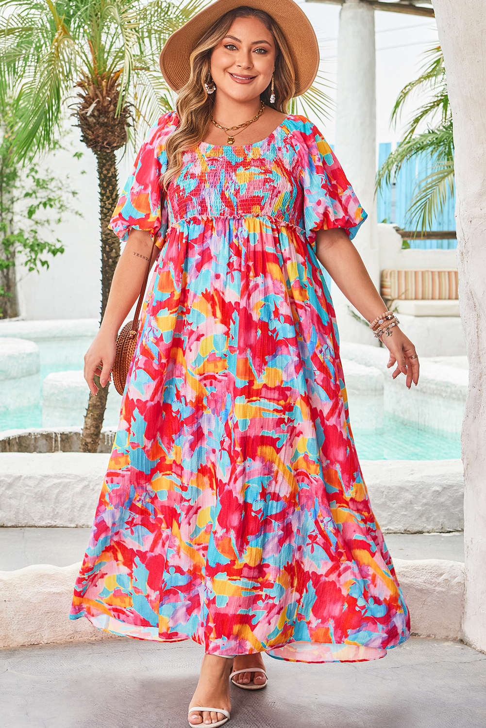 Plus Size Summer Maxi Dress, Rose Abstract Square Neck Style - Detail View 5 Plus Size Summer Maxi Dress, Rose Abstract Square Neck Style - Detail View 5