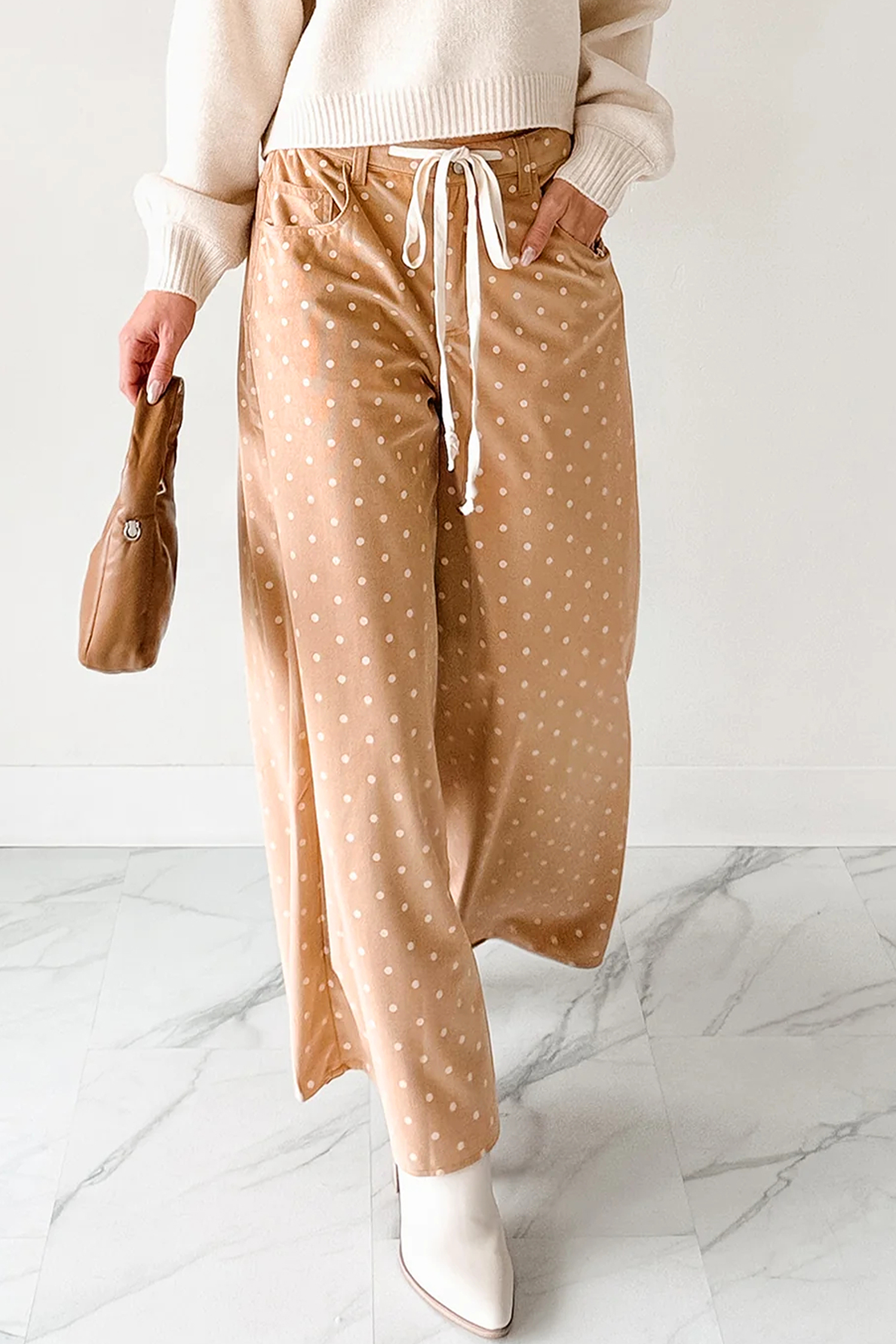 Chic Khaki Polka Dot Print Wide Leg Pants – Perfect for Spring & Casual Outings - Detail View 5 Chic Khaki Polka Dot Print Wide Leg Pants – Perfect for Spring & Casual Outings - Detail View 5