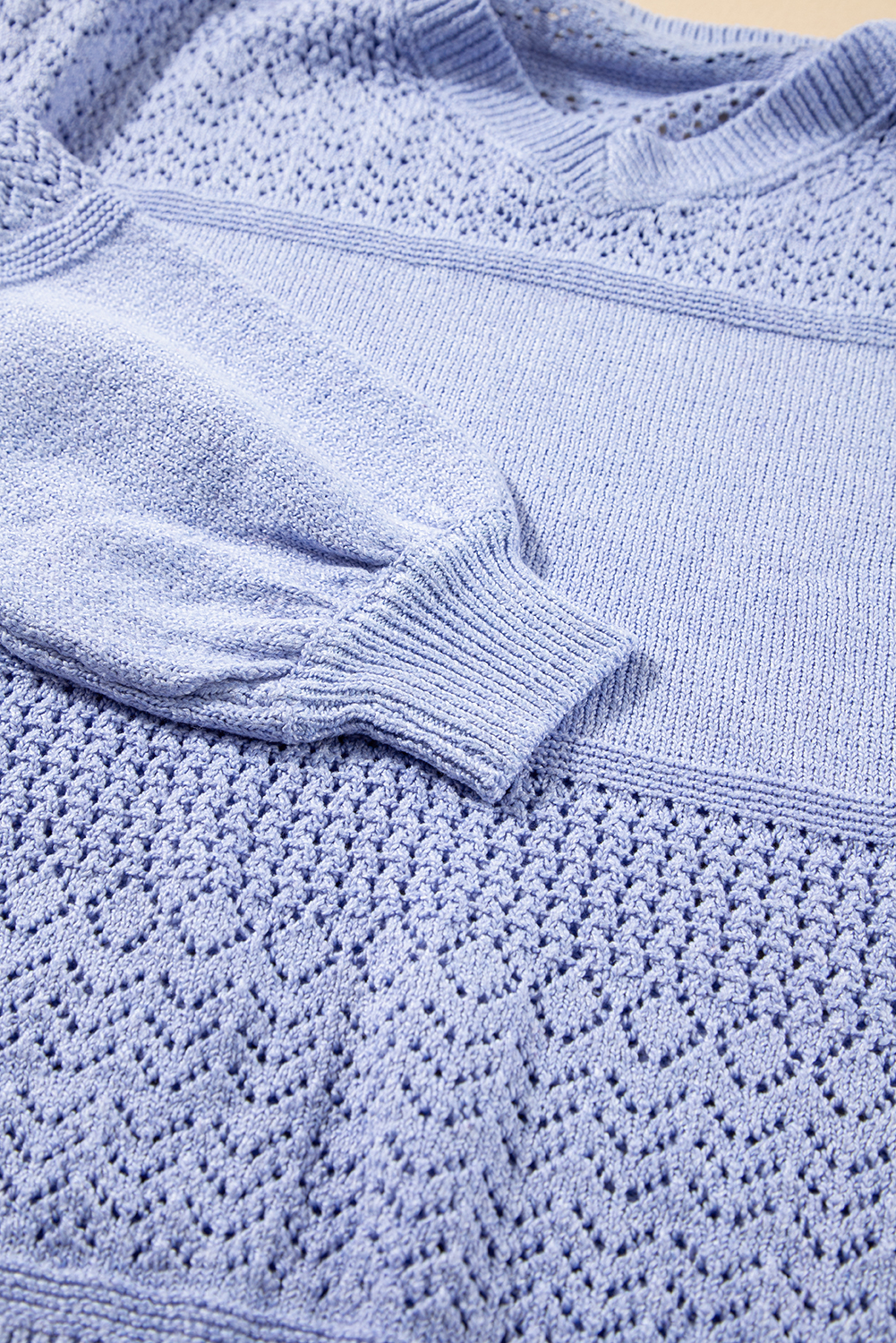 Women's Sky Blue V Neck Drop Shoulder Sweater with Eyelet Pattern Detail - Detail View 17 Women's Sky Blue V Neck Drop Shoulder Sweater with Eyelet Pattern Detail - Detail View 17