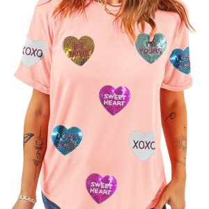 Women's Pink Sequin Heart Patched Crewneck T-Shirt for Valentine's Day - Main View